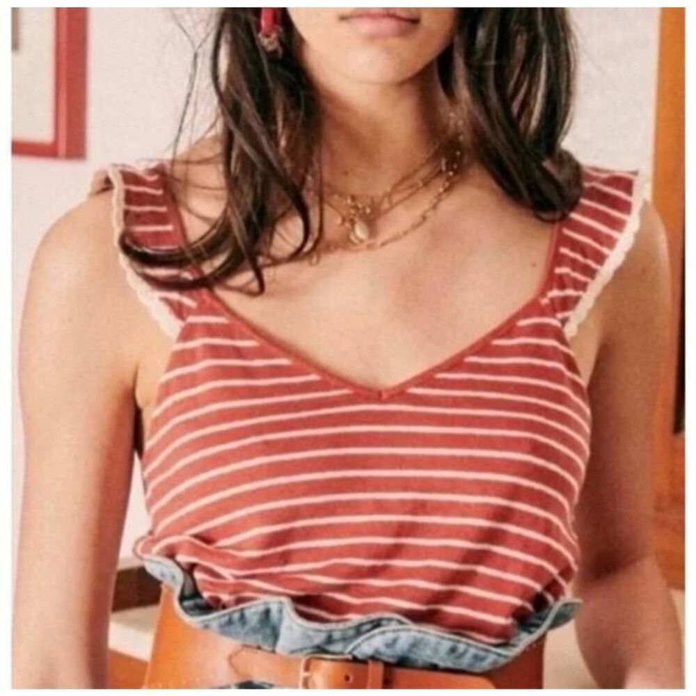 Sezane Linen Tank Top Noemie Striped Crochet Lace Trim Straps Shirt Sz M
